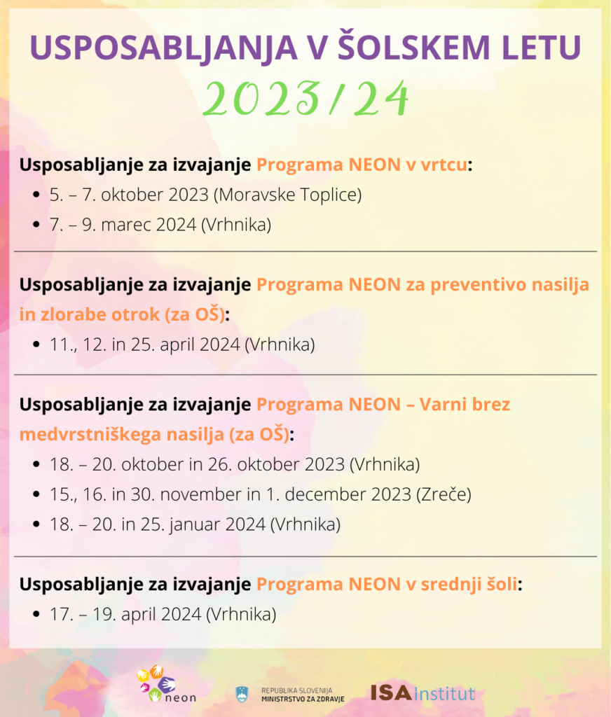 NAPOVEDUJEMO USPOSABLJANJA V ŠOLSKEM LETU 2023/2024 – Program NEON